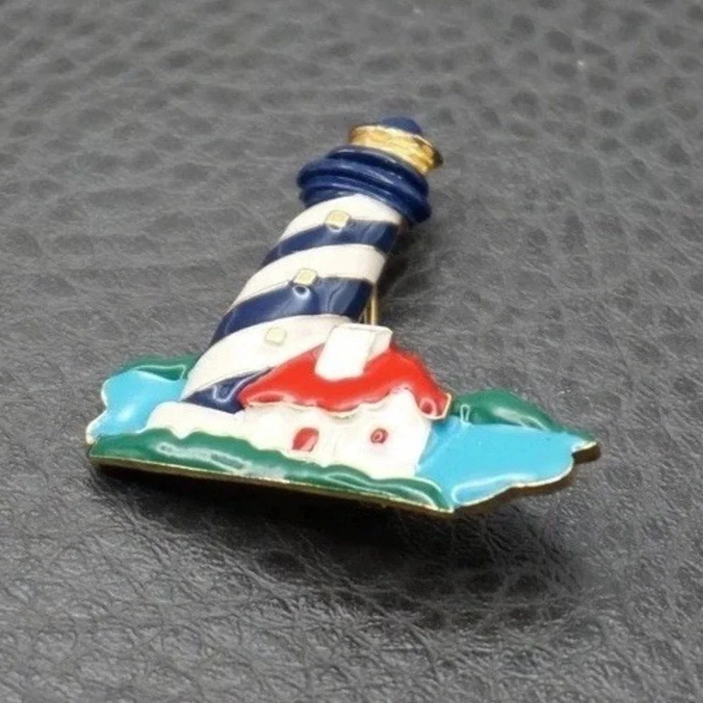 Vintage Enamel Lighthouse Pin Brooch Gold Tone Red White Blue